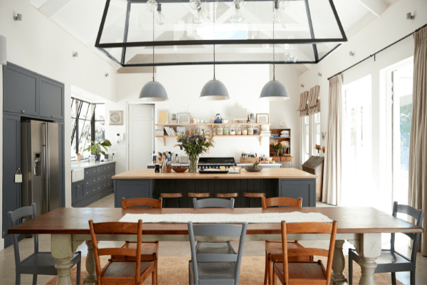a kitchen with a dining table